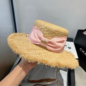 Miu Miu Natural Straw Boater Hat Pink Satin Bow Gold Logo Raffia 57cm